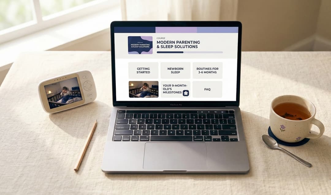 Laptop showing the Tiny Sleepers course with baby monitor and tea